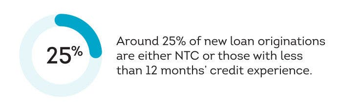 Infographic saying that around 25% of new loan originations are either NTC or those with less than 12 months' credit experience 